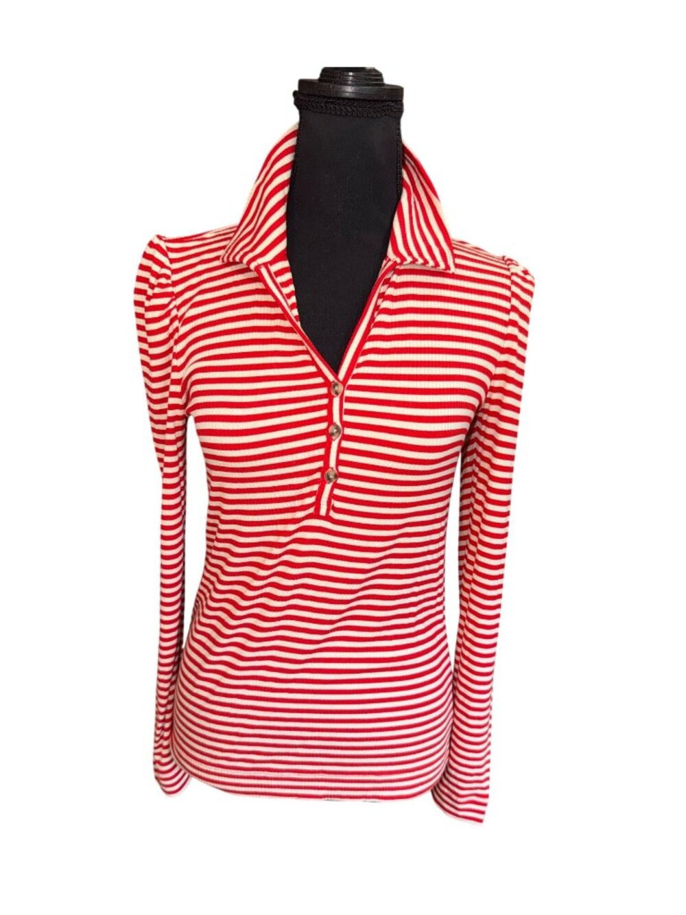 NWT LOFT Red White Striped Nautical Collar Long Sleeve Henley Casual Women Top S - Picture 2 of 9